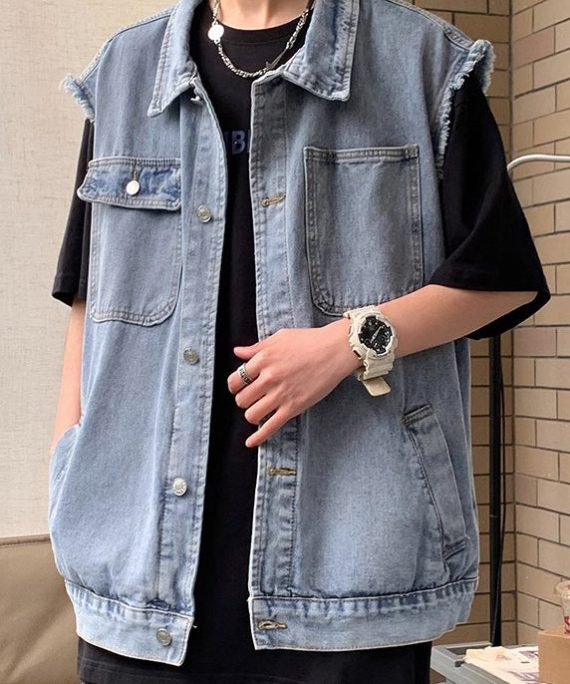 Loose Blue Peter Pan Collar Pockets Denim Men Waistcoat Sleeveless