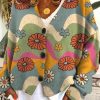 Loose Blue V Neck Print Button Knit Cardigan Spring