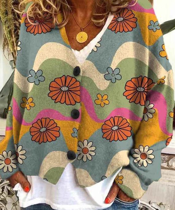 Loose Blue V Neck Print Button Knit Cardigan Spring