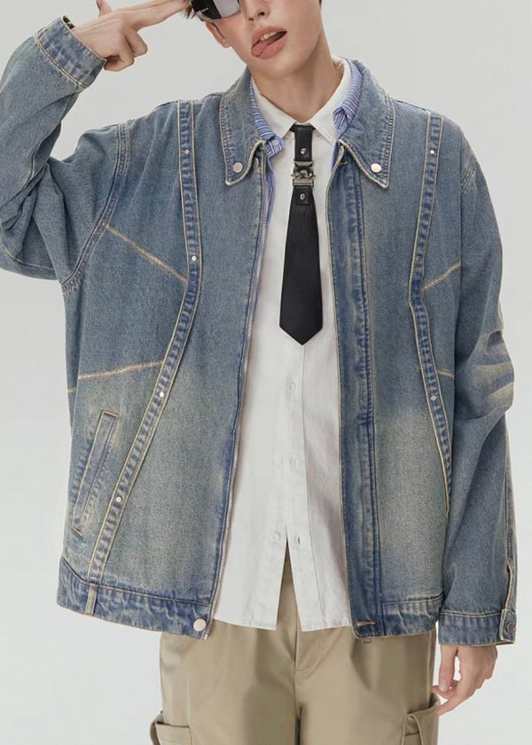 Loose Blue Zippered Original Design Denim Mens Coats Spring - Image 2