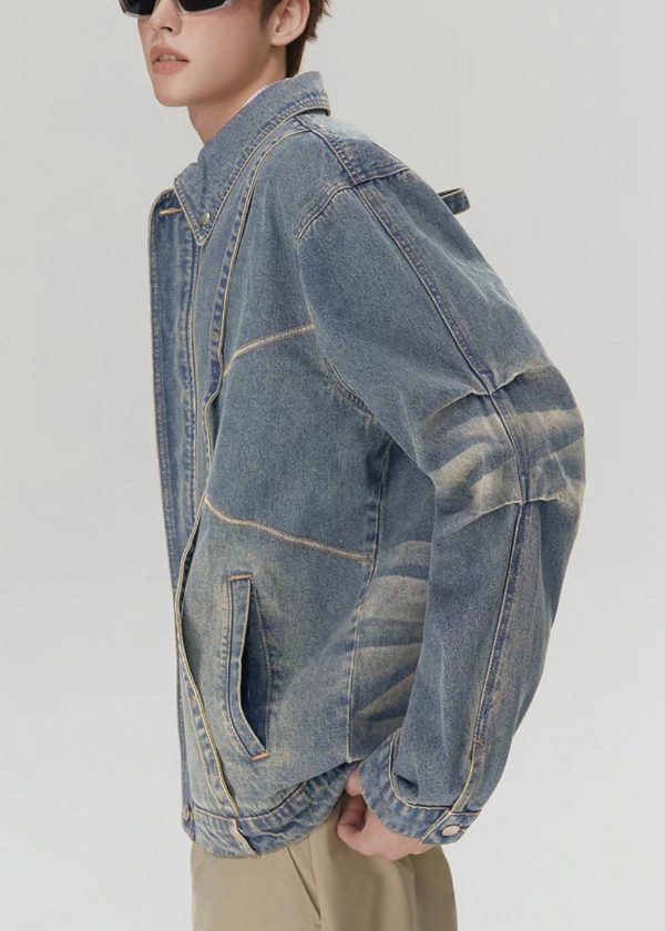 Loose Blue Zippered Original Design Denim Mens Coats Spring - Image 4