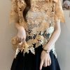Loose Caramel O-Neck Asymmetrical Lace Top Short Sleeve
