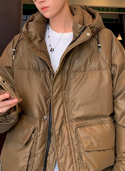 Loose Coffee Hooded Pockets Duck Down Men Down Coat Winter