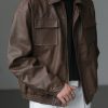 Loose Coffee Peter Pan Collar Pockets Faux Leather Men Coat Spring