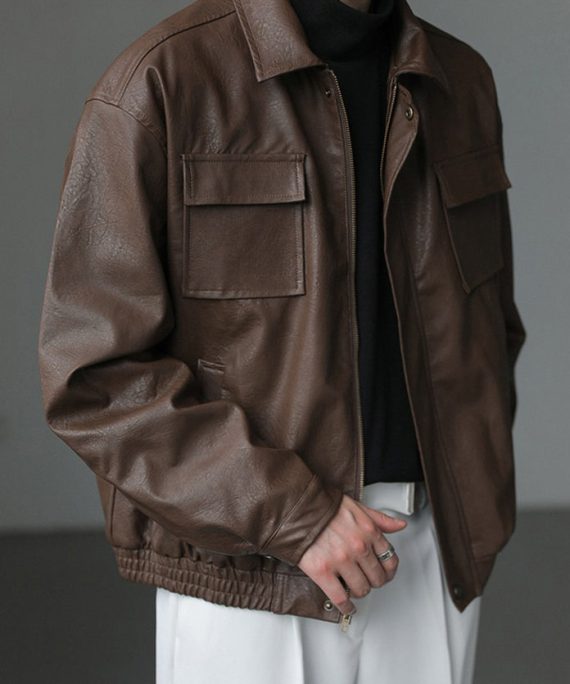 Loose Coffee Peter Pan Collar Pockets Faux Leather Men Coat Spring