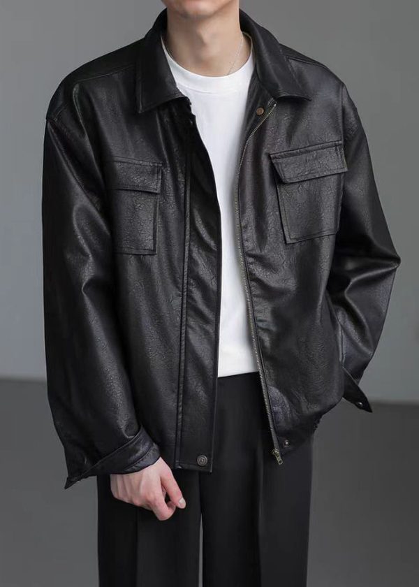 Loose Coffee Peter Pan Collar Pockets Faux Leather Men Coat Spring - Image 2