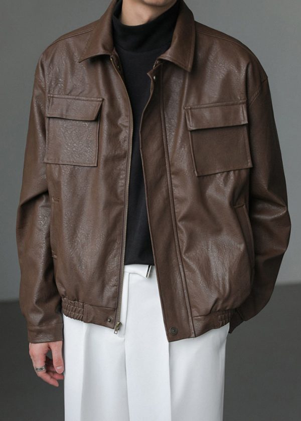 Loose Coffee Peter Pan Collar Pockets Faux Leather Men Coat Spring - Image 3