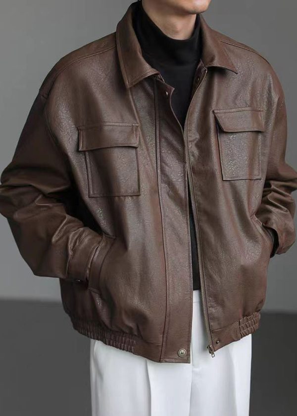 Loose Coffee Peter Pan Collar Pockets Faux Leather Men Coat Spring - Image 4