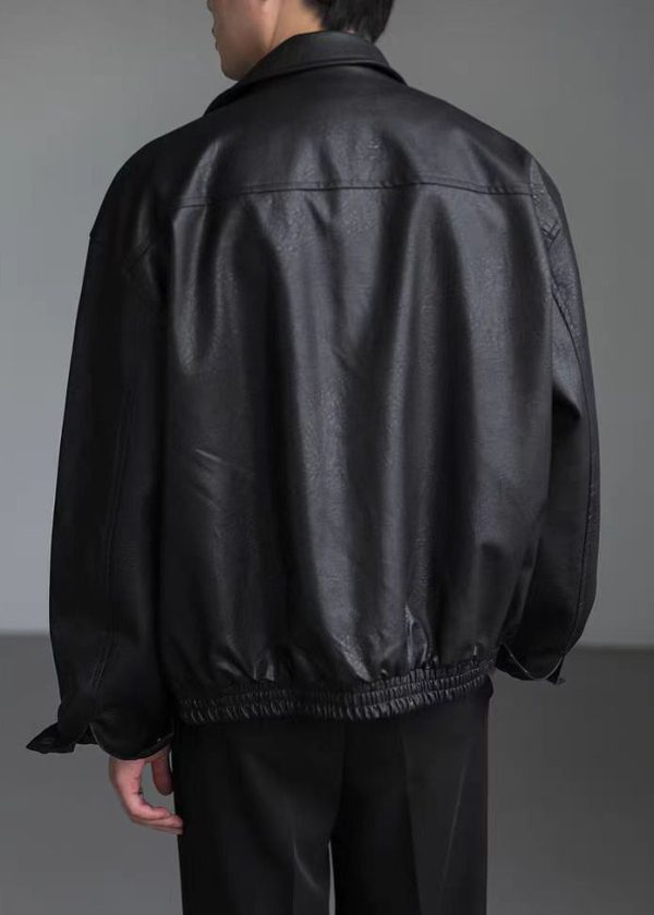 Loose Coffee Peter Pan Collar Pockets Faux Leather Men Coat Spring - Image 5