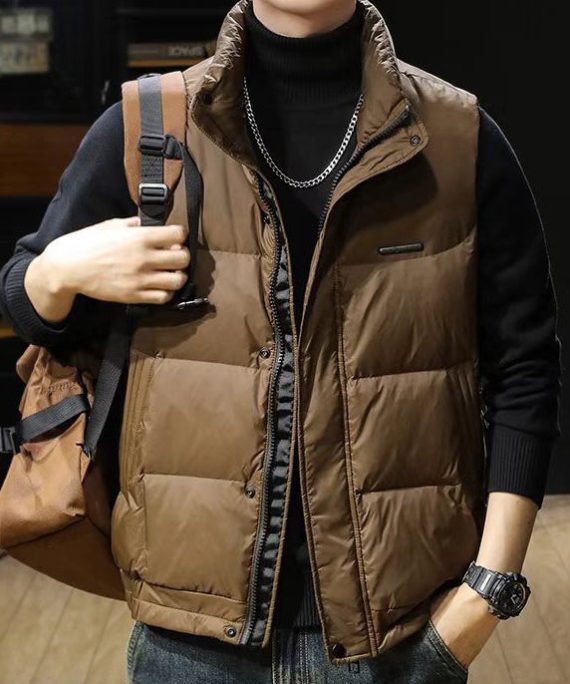 Loose Coffee Zip Up Pockets Men Puffer Vest Winter