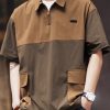 Loose Coffee Zip Up Pockets Patchwork Cotton Men Polo Shirt Summer