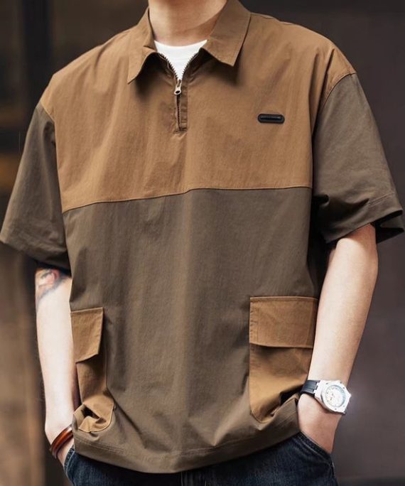 Loose Coffee Zip Up Pockets Patchwork Cotton Men Polo Shirt Summer