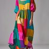 Loose Colorblock Puff Sleeve U Neck Patchwork Cotton Dresses