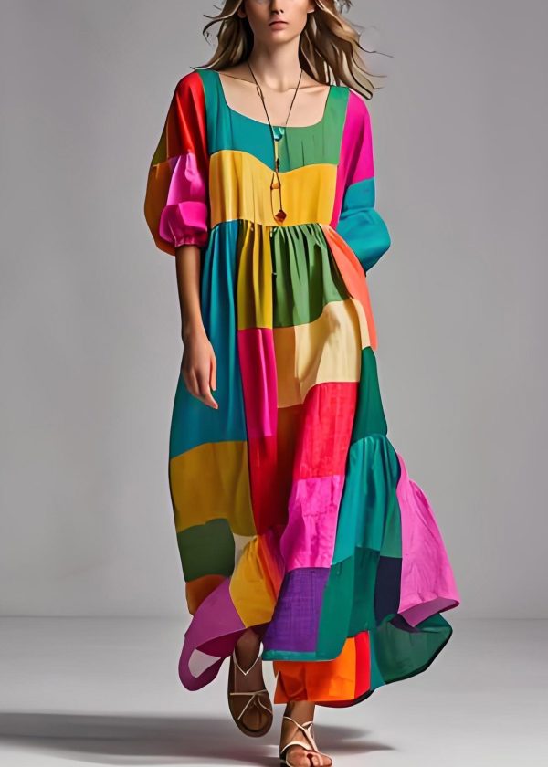 Loose Colorblock Puff Sleeve U Neck Patchwork Cotton Dresses - Image 2