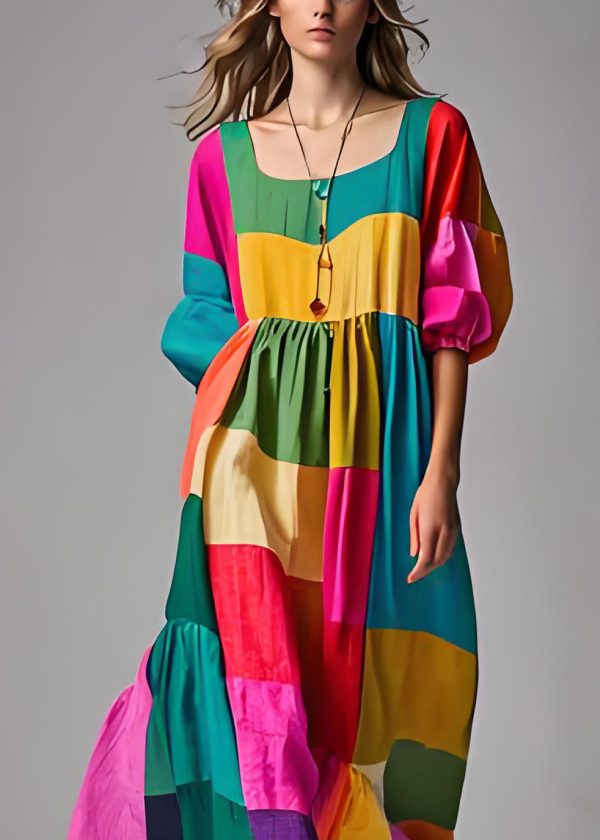 Loose Colorblock Puff Sleeve U Neck Patchwork Cotton Dresses - Image 3