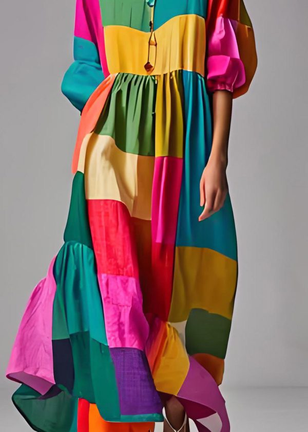 Loose Colorblock Puff Sleeve U Neck Patchwork Cotton Dresses - Image 4