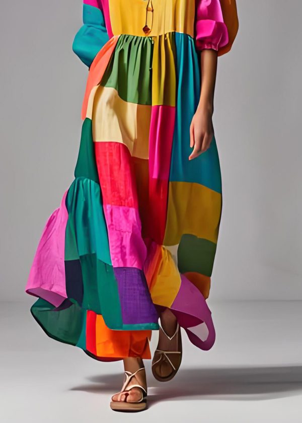 Loose Colorblock Puff Sleeve U Neck Patchwork Cotton Dresses - Image 5