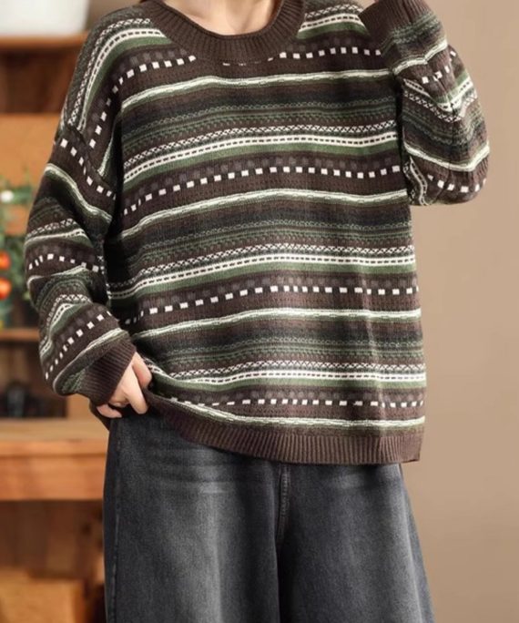 Loose Cozy Green O Neck Striped Woolen Sweater Spring
