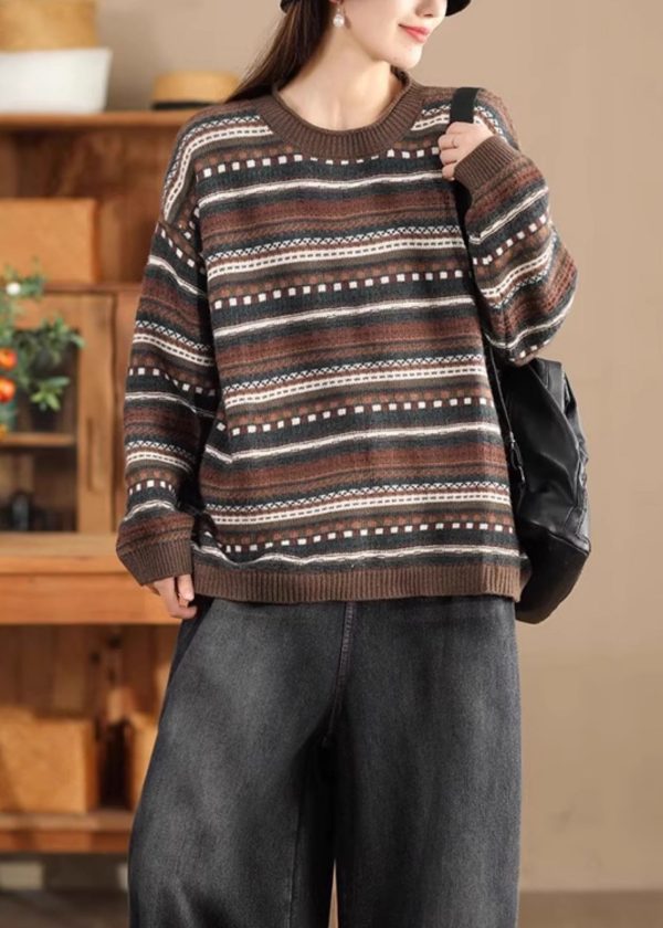 Loose Cozy Green O Neck Striped Woolen Sweater Spring - Image 4