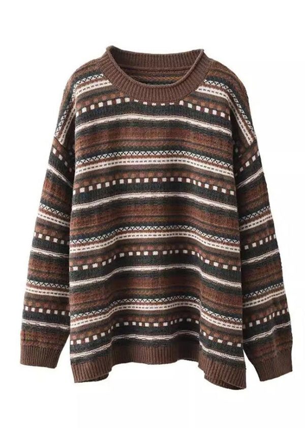 Loose Cozy Green O Neck Striped Woolen Sweater Spring - Image 5