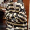 Loose Dark Gray Striped Button Knit Mens Coats Spring