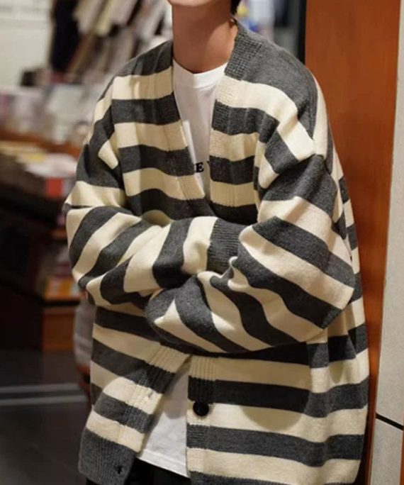 Loose Dark Gray Striped Button Knit Mens Coats Spring
