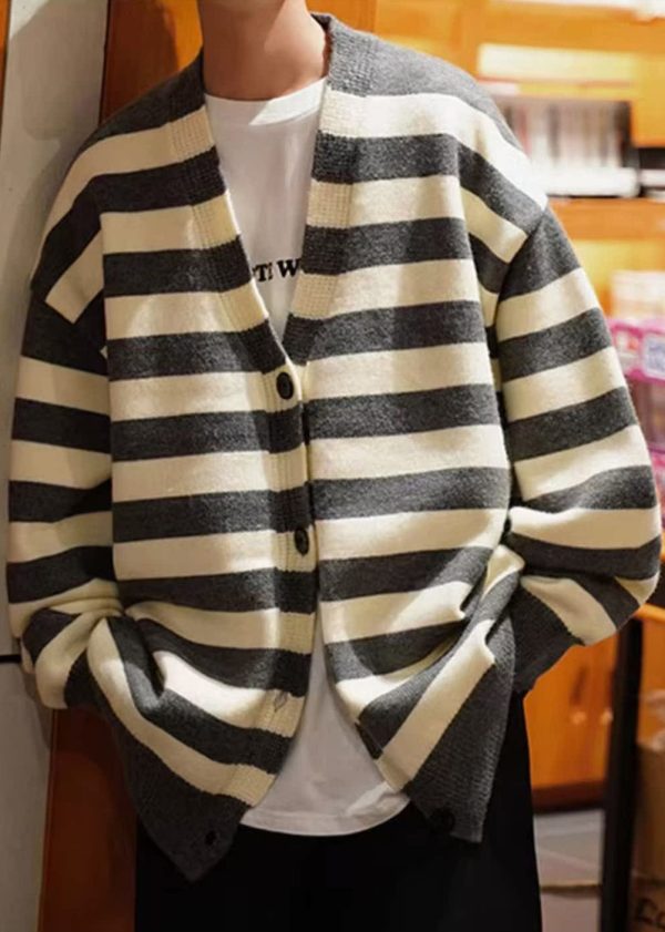 Loose Dark Gray Striped Button Knit Mens Coats Spring - Image 4