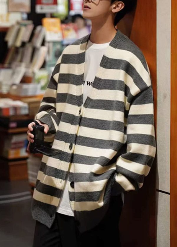 Loose Dark Gray Striped Button Knit Mens Coats Spring - Image 5