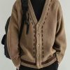 Loose Dark Khaki V Neck Button Knit Men Cardigan Spring