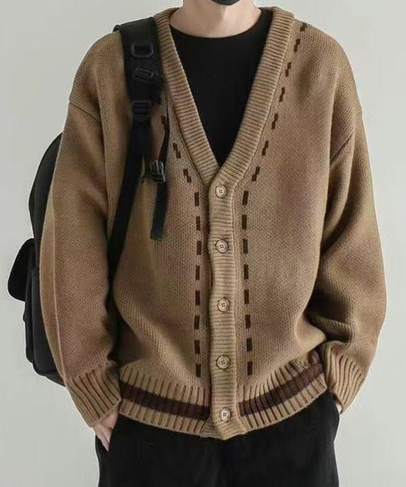 Loose Dark Khaki V Neck Button Knit Men Cardigan Spring