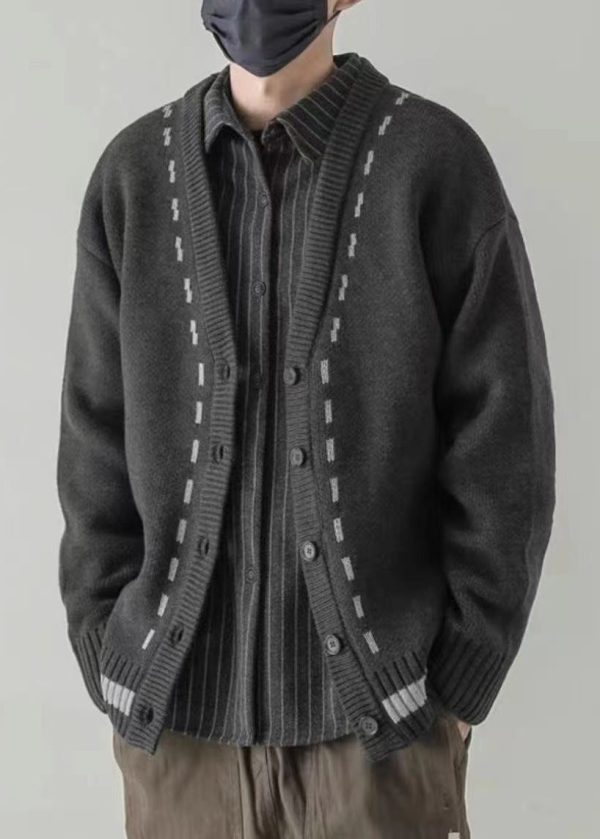 Loose Dark Khaki V Neck Button Knit Men Cardigan Spring - Image 2