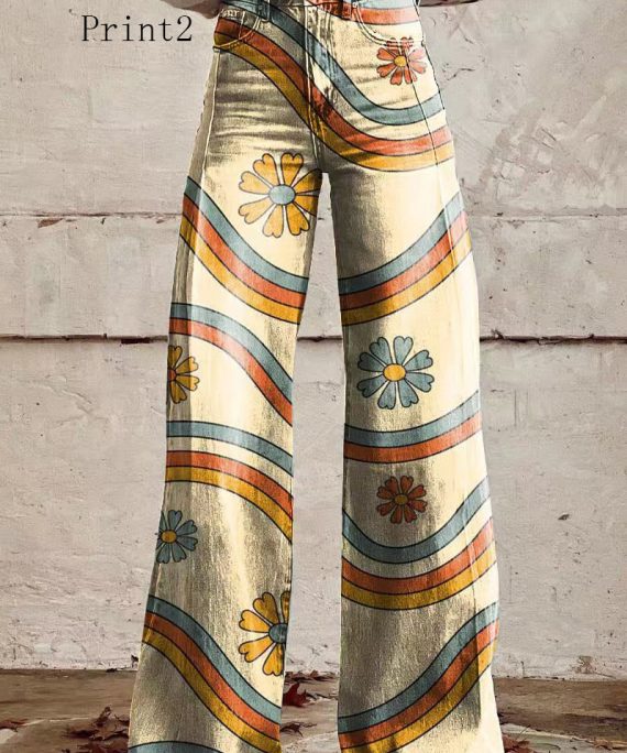 Loose Floral Print High Waist Pockets Denim Pants Spring