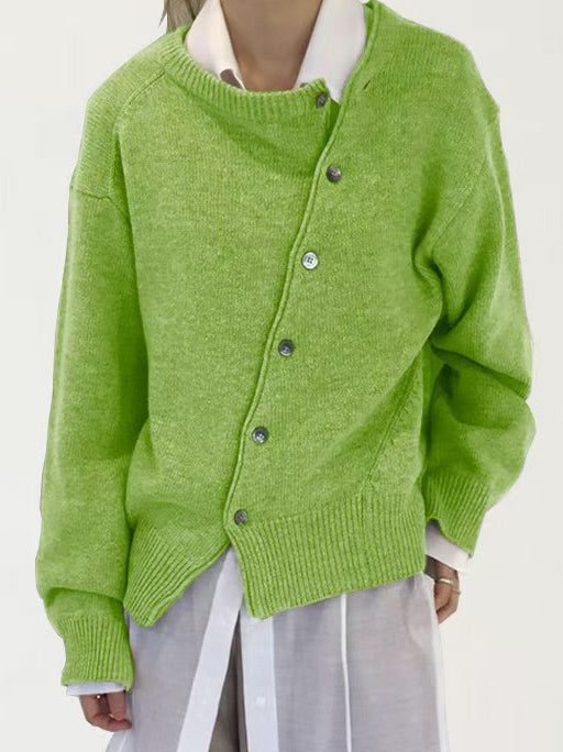 Loose Green Asymmetrical Button Solid Knit Coat Spring