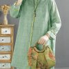 Loose Green Embroidered Button Cotton Shirt Summer