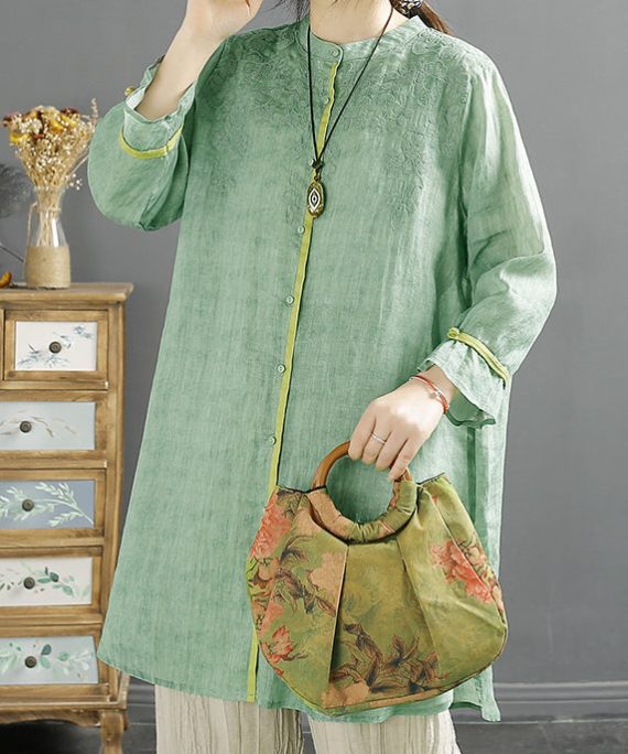 Loose Green Embroidered Button Cotton Shirt Summer