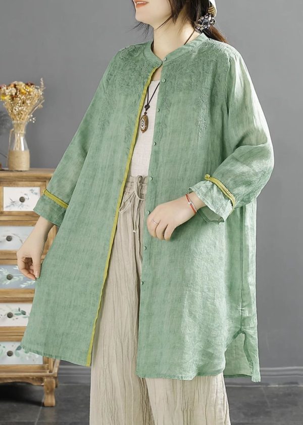 Loose Green Embroidered Button Cotton Shirt Summer - Image 4
