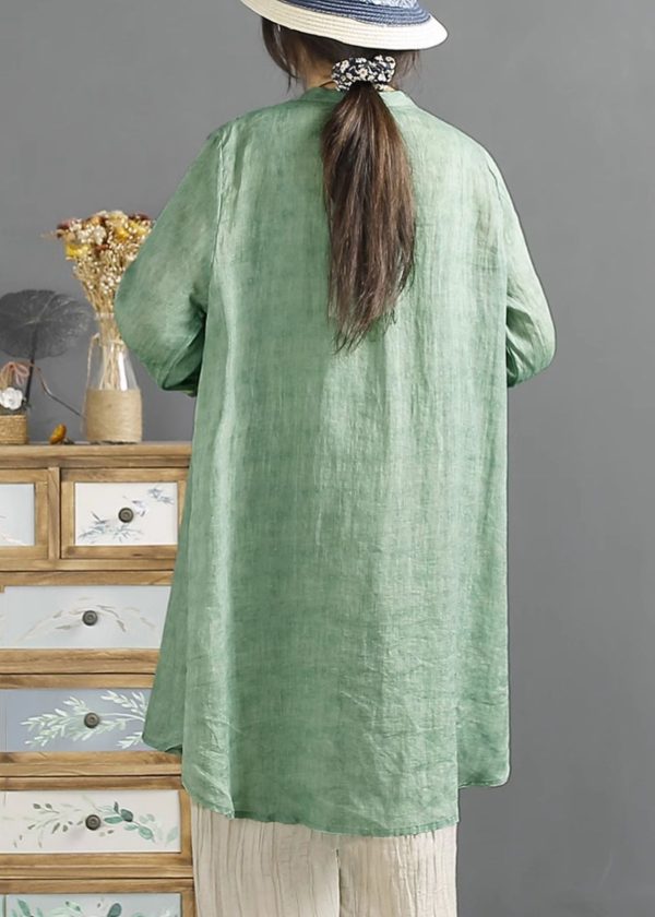 Loose Green Embroidered Button Cotton Shirt Summer - Image 5