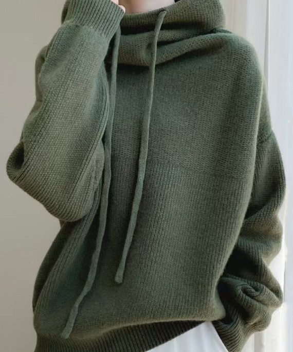 Loose Green Hooded Lace Up Wool Knit Sweaters Spring