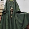 Loose Green O Neck Solid Cotton Mid Dress Long Sleeve