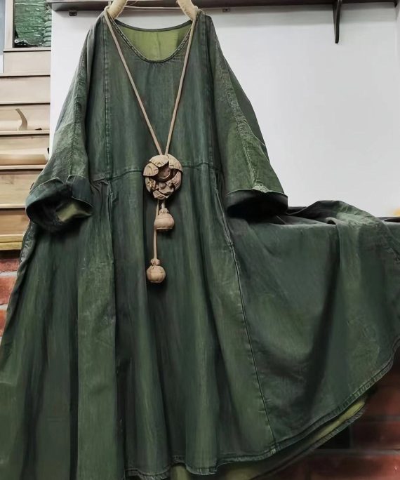 Loose Green O Neck Solid Cotton Mid Dress Long Sleeve
