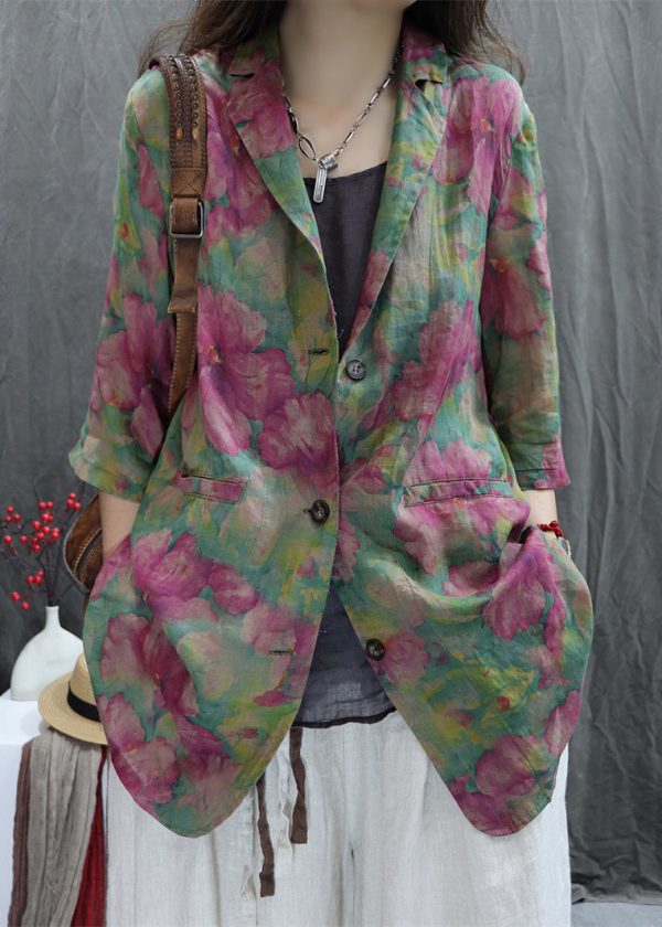 Loose Green Peter Pan Collar Print Cotton Coats Spring - Image 2