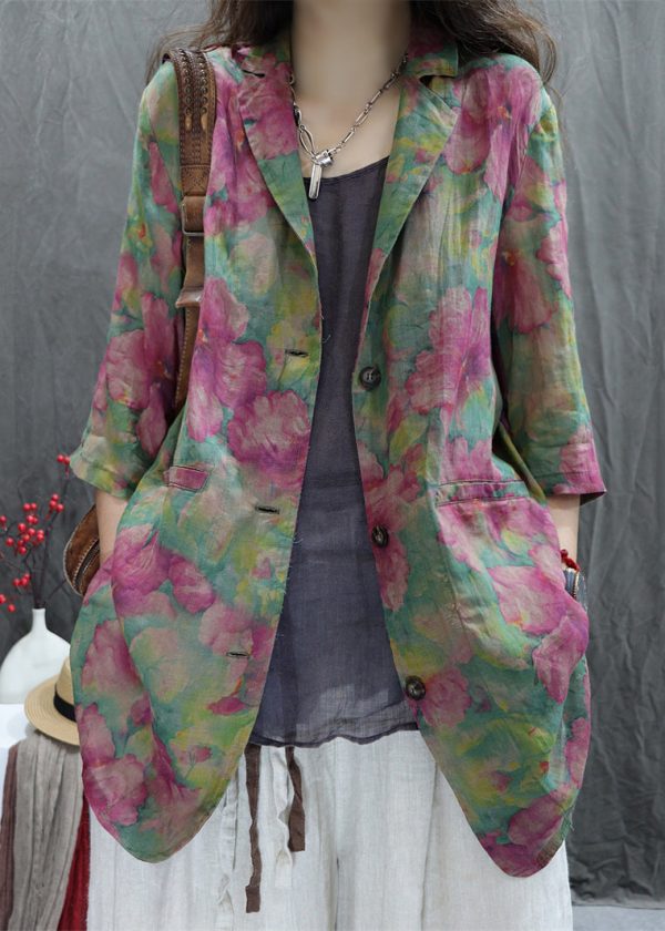 Loose Green Peter Pan Collar Print Cotton Coats Spring - Image 3