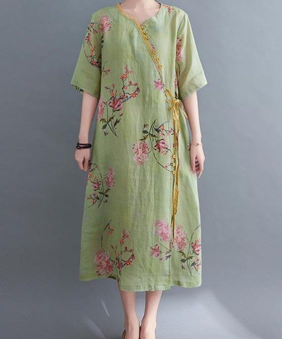 Loose Green Print Button Maxi Summer Chiffon Dress