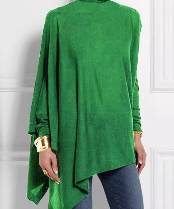 Loose Green Turtleneck Asymmetrical Top Spring
