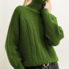 Loose Green Turtleneck Cable Knit Sweaters Spring