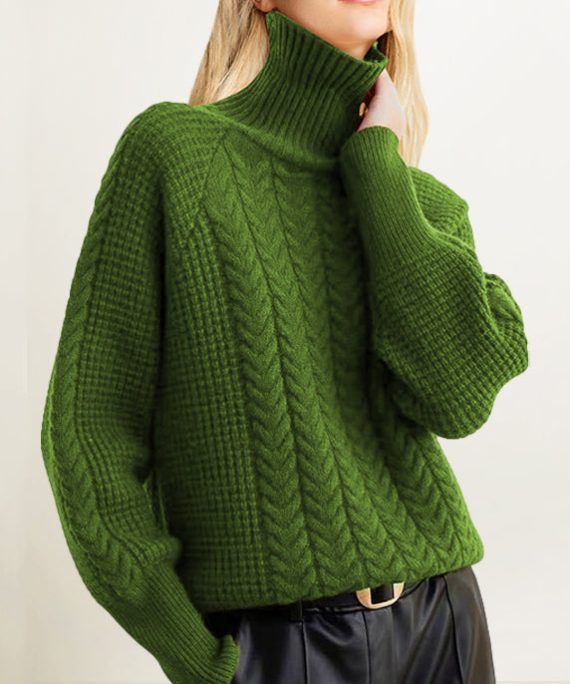 Loose Green Turtleneck Cable Knit Sweaters Spring