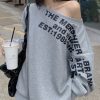 Loose Grey Cold Shoulder Letter Print Cotton Sweatshirt Spring
