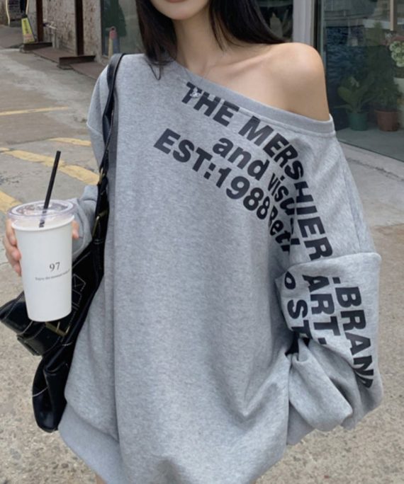 Loose Grey Cold Shoulder Letter Print Cotton Sweatshirt Spring