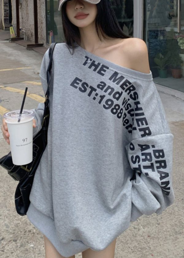 Loose Grey Cold Shoulder Letter Print Cotton Sweatshirt Spring