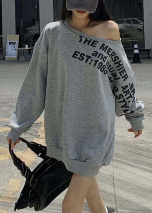 Loose Grey Cold Shoulder Letter Print Cotton Sweatshirt Spring - Image 2